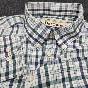 Barbour Mens Large White Blue Green Plaid Tailored Fit Button Down Shirt